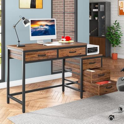 Bluebell Modern Computer Desk with 5 Drawers, Home Office Desks with Reversible Drawer Cabinet Printer Stand