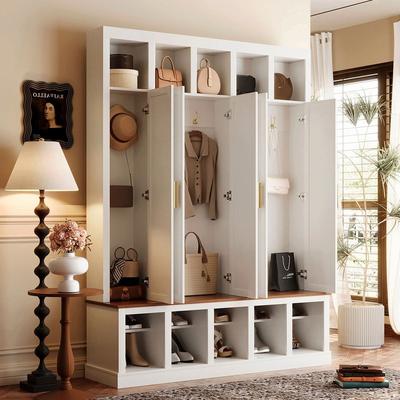 Farmhouse Wooden Hall Tree with Wide Storage Bench, Large Entryway Shoe Cabinet with Coat Closet & Display Cubbies