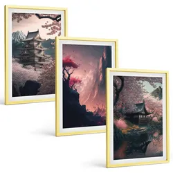 BILDER SET 3er Set - 40x60 cm Goldrahmen - Fantasielandschaften der japanischen Berge