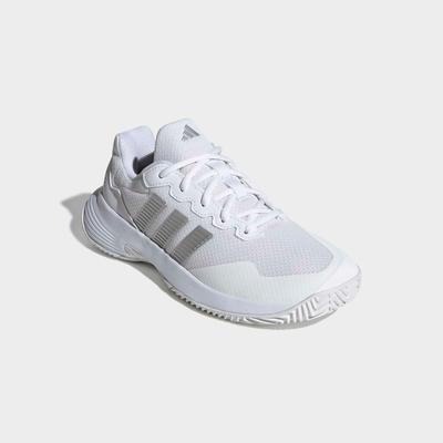 Tennisschuh ADIDAS PERFORMANCE "GAMECOURT 2", Damen, Gr. 40, weiß (cloud weiß, silber metallic, silber metallic), Synthetik, Textil, Schuhe