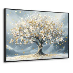 LEINWAND Bilder mit Rahmen - Baum - Winter - Baum des Lebens - Modern - Gold - 140x90