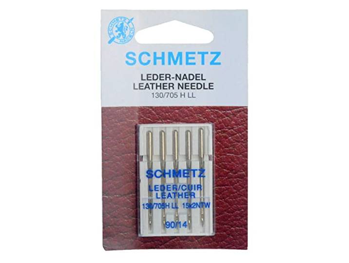 SCHMETZ Naaimachinenaalden voor leer – Linksgedraaide punt 90(14) LL voor dik leer en synthetisch materiaal, decoratieve schuine steken – Niet geschikt voor textiel, 5 stuks
