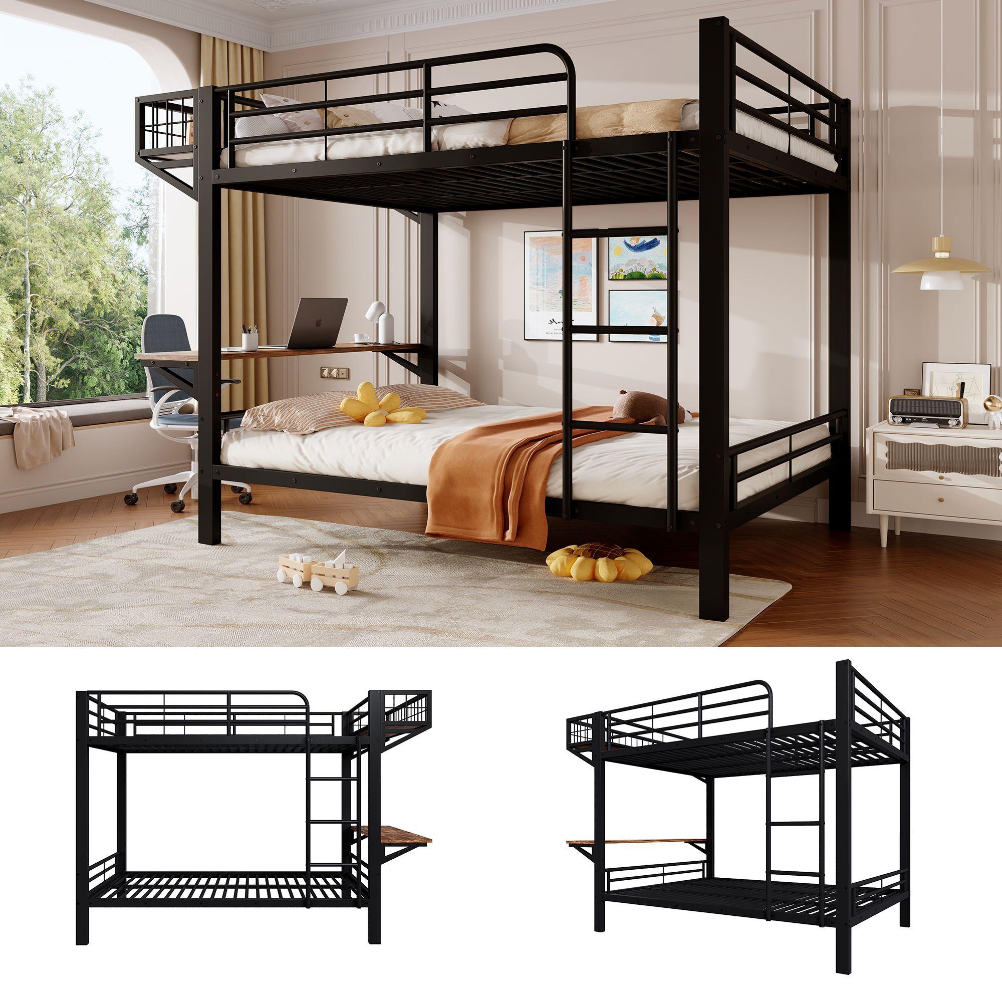 Merax Etagenbett 140 x 200 cm mit Schreibtisch, Stockbett mit offenem Staufach, Leiter und Schutzgeländer, Kinderbett, Jugendbett, Schwarz