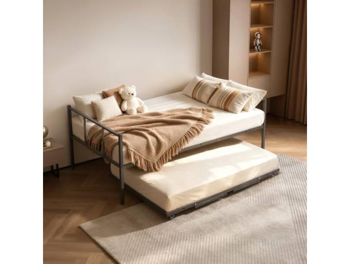 VEVOR Tagesbett Bettgestell bis 180 kg 2-in-1-Ausziehbett Einzelbettgröße Ausziehbares Bett für Wohnzimmer Schlafzimmer Gästezimmer, für 2 Personen, Metall-Konstruktion, Feststellbare Rollen, Schwarz