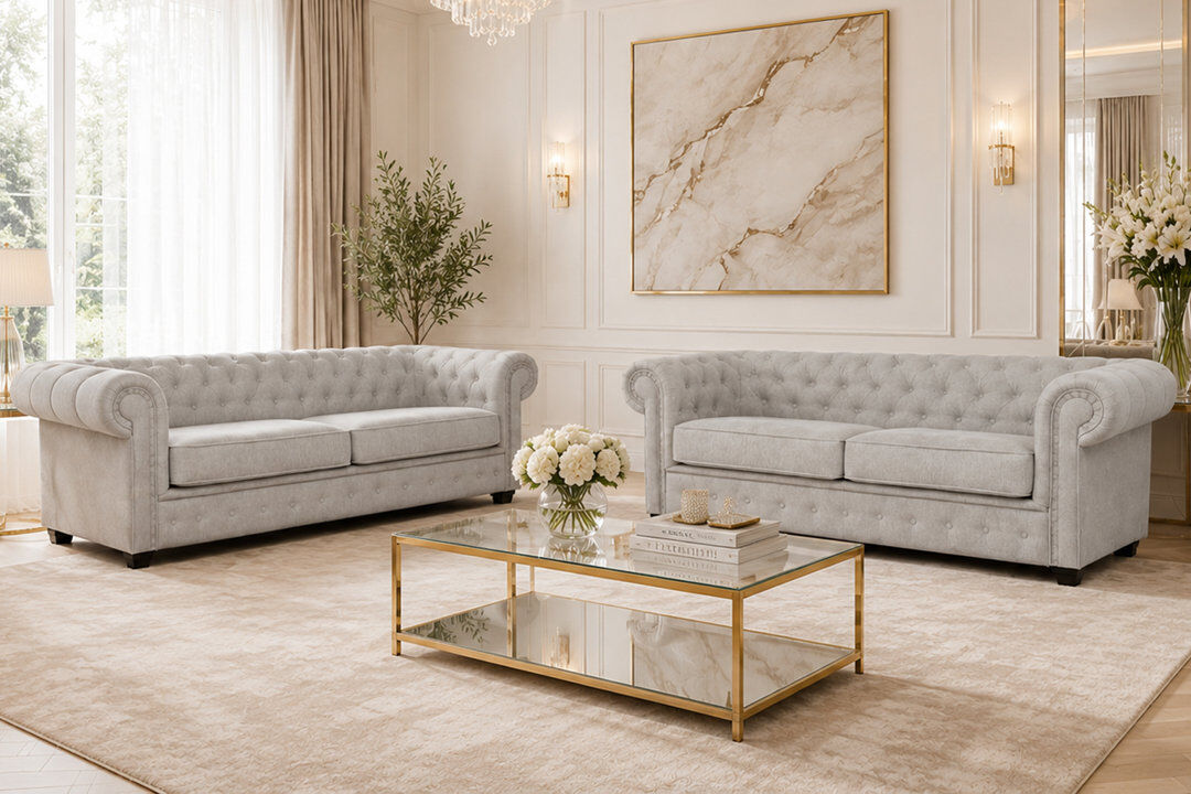Lark Manor Allegra 3+2 Chesterfield Sofa Set Light Grey 2