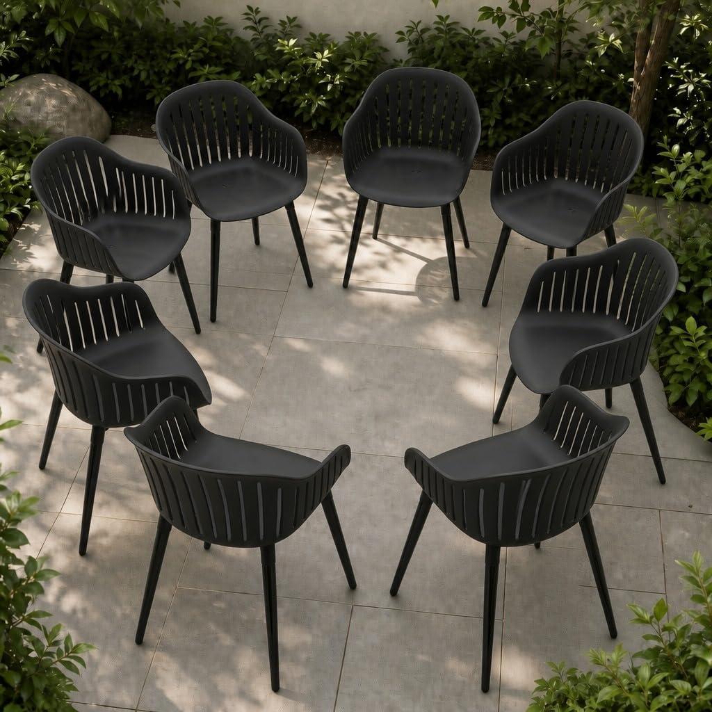 Gartenstuhl 8er Set, Outdoor Stühle Wetterfest mit Armlehne, Gartenstühle UV-beständig bis 120 kg, Terrassenstuhl Terrasse Balkon Outdoor Garten, Schwarz