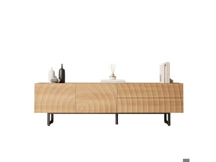Meuble TV Moderne 180cm Buffet Bas avec Texture 3D Style Scandinave Naturel 2 Portes et 2 Tiroirs Pieds Métal Noir 180x38x51