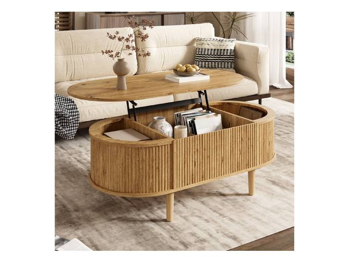OKWISH Couchtisch Ovaler Tisch mit Wellenoptik & höhenverstellbarer Platte (Packung, 1-St., Stauraum, geteilte Fächer, vielseitig & zeitlos), 100x54,5x48 cm, Eiche