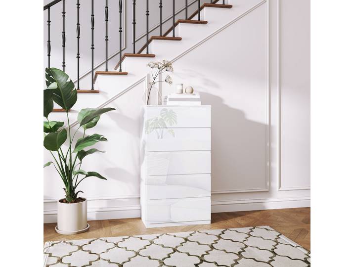 HOMCOM Commode Moderne 5 Tiroirs Bois Blanc Brillant