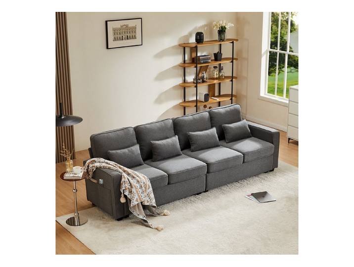 MODFU Sofa Sofa 264x87x83 cm aus Leinenstoff mit Taschen & 4 Kissen, dunkelgrau, Viersitzer-Sofa mit Armlehnentaschen und 4 Kissen 1 Teile, Kompaktes Polstersofa für Wohnzimmer, Büro oder kleine Wohnungen