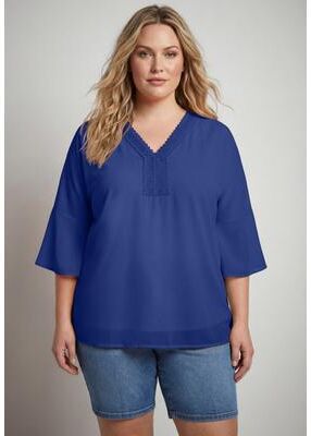 Plus Size Women's Crochet Trim Caftan Top by Avenue in Ultra Blue (Size 16)
