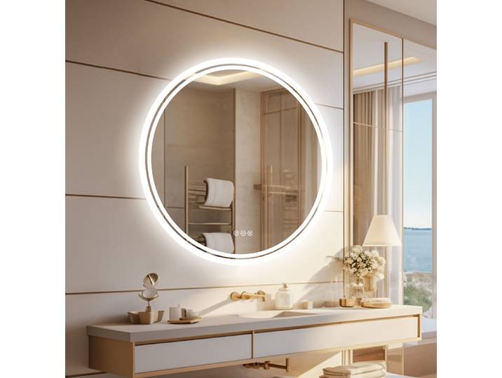 Miroir de salle de bain LED rond de 60/80 cm, miroir de vanité éclairé mural, 3 couleurs, luminosité réglable, anti-buée, anti-éclatement