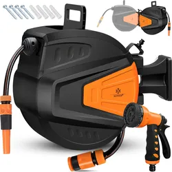 KESSER® Schlauchtrommel Wasser Schlauchaufroller Inkl. 2-Wege-Verteiler + Multi-Handbrause Wasserschlauchtrommel Automatik   180° Schwenkbar   Wandhalterung   Gartenschlauch   Orange