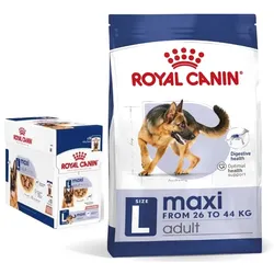 ROYAL CANIN Maxi Adult 15kg Trockenfutter für erwachsene Hunde bis 5 Jahre, große Rassen + Maxi Adult 10x140g