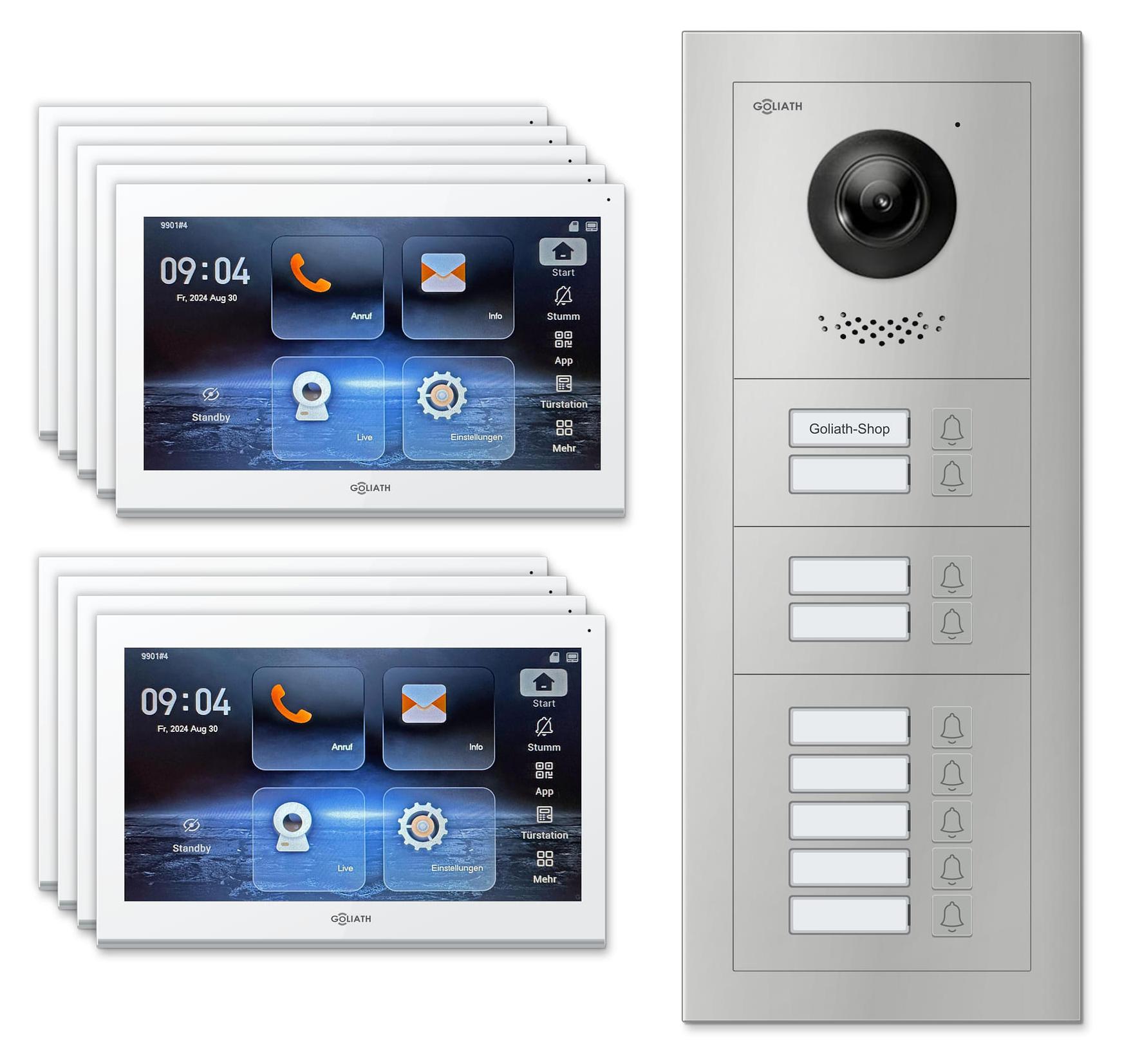 Goliath Premium IP GL-IPH900 Video-Türsprechanlage, 9 Familien, 9× 10 Zoll Weiß, Silber, Unterputz