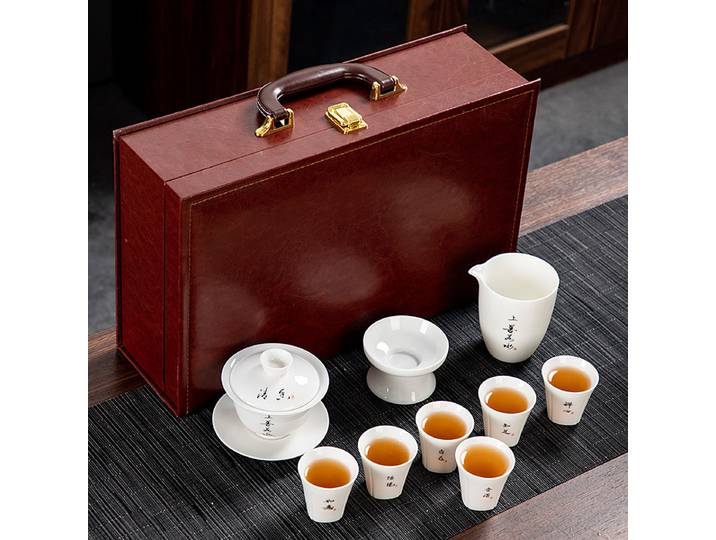 Service à thé Kung Fu en porcelaine de Jade blanc chinois, boîte complète de bureau en céramique Gaiwan pour les clients, cadeau d'affaires