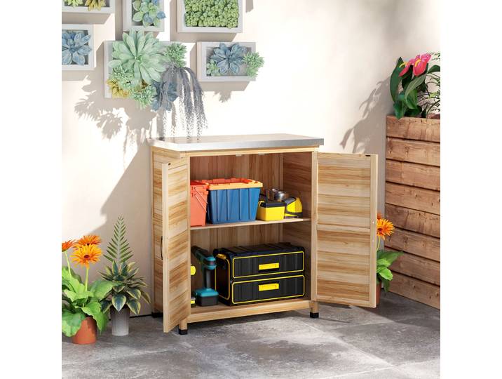 Outsunny Armoire Extérieur Bois Naturel avec Étagère 79x43x92 cm