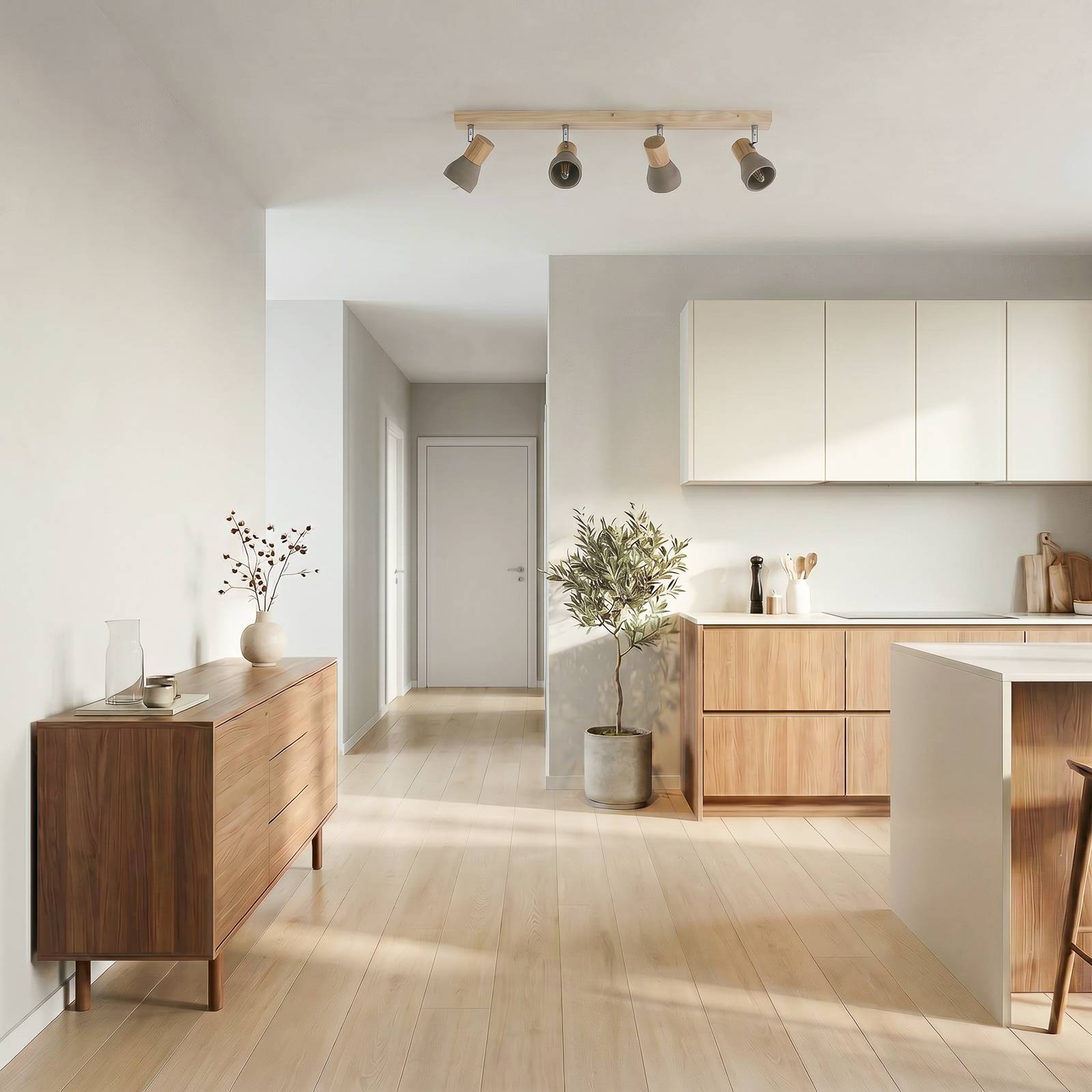 Lindby Strahler Filiz, 4-flammig, 77 cm, Holz, Beton, E14 Filiz Lindby, dimmbar, alu / grau / zink, für Schlafzimmer, Beton, Skandinavisch, Strahler