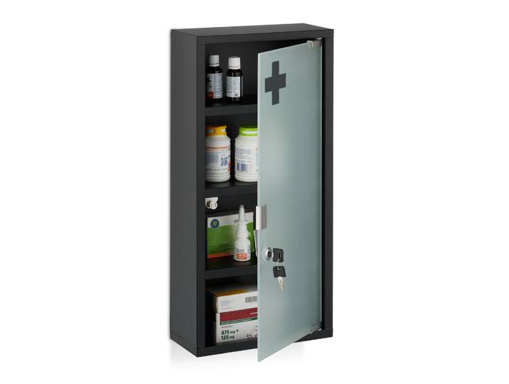 Medizinschrank mit Glastür Weiss-Schwarz-Silber