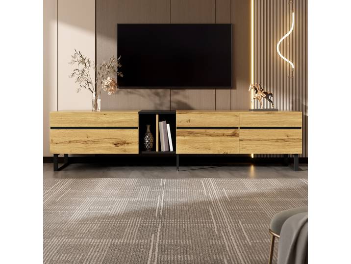 Meuble TV moderne 180 cm avec compartiment pliable, compartiments ouverts – Meuble TV minimaliste comme buffet, meuble TV