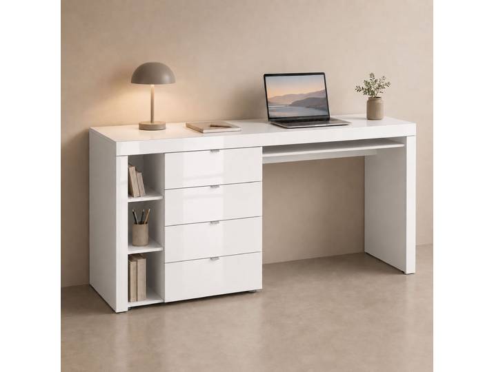 Schreibtisch BORCHARDT MÖBEL Dolly , weiss (weiß hochglanz), B:173cm H:78cm T:50cm, Tische, Schreibtisch, mit 3 Fächern und 4 Schubkästen