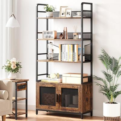 Garvee Tall Industrial Bookshelf with Door, 4 Adjustable Shelves, Brown