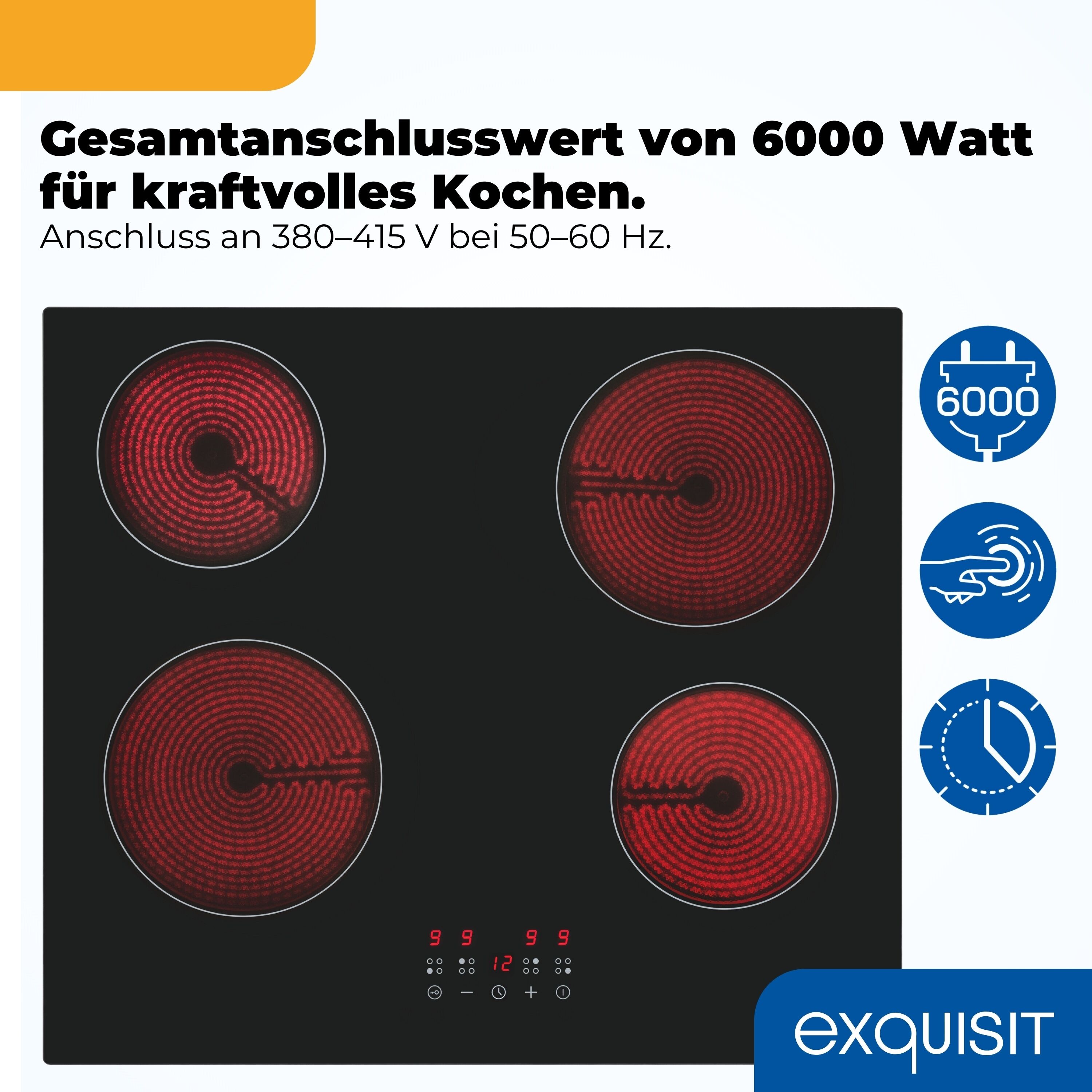 EXQUISIT Elektro-Kochfeld "EKC600-490", schwarz, B:59cm H:6,4cm T:52cm, Kochfelder, Glaskeramikkochfeld mit Restwärmeanzeige für mehr Sicherheit, Elektro-Kochfeld