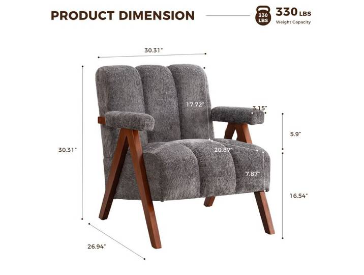 BEL Fauteuil d'Appoint Bouclé Gris Structure Bois Salon Chambre