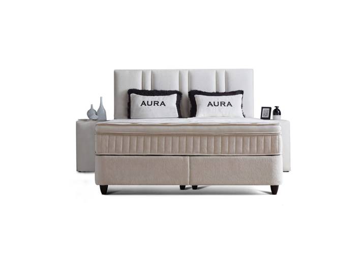 Boxspringbett 90x200 komplett mit orthopädischer Matratze, Topper & Bettkasten, Bouclé Weiss, AURA, Belvano