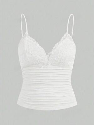 Uplifted Finds Contrast Lace Bow Front Crop Cami Top For Women m white