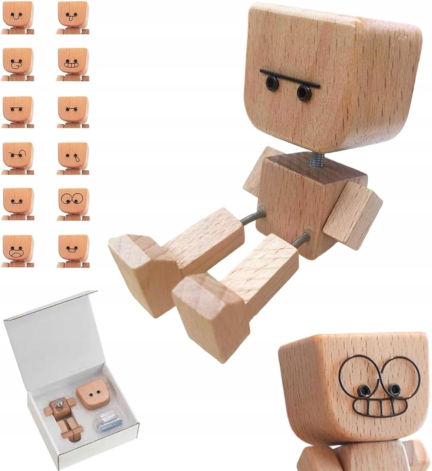 Houten Poppetje met Wobbelende Voeten en 12 Magnetische Gezichtjes
