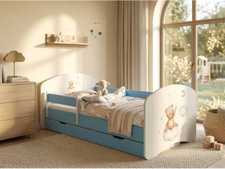 Komplett-Kinderbett 160x80 Blau Mit Rausfallschutz, Schublade & Schaumstoffmatratze Spielbett Happy (nr 97)