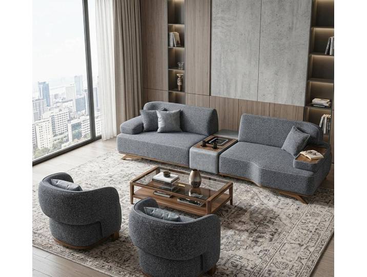 JVmoebel Polstergarnitur 4 Sitzer Sofa Sessel 2x Beleuchtungsmodul Holzrahmen Mittlere Härte, (2-tlg), Made in Europa