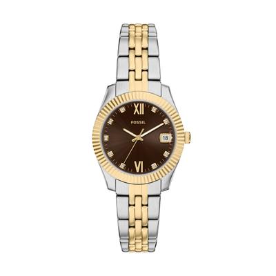 Quarzuhr FOSSIL "Scarlette", gold (edelstahlfarben, gelbgoldfarben, braun), Armbanduhren, Damen, edelstahlfarben-gelbgoldfarben, Quarzuhr, Armbanduhr, Edelstahlarmband, analog, Tag, Glassteine