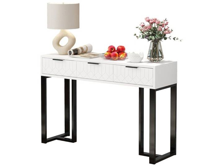 Table console 3 tiroirs – MDF blanc et noir – 120 x 36 x 80 cm