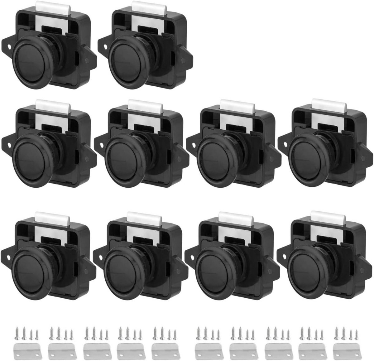 Set van 10 zwarte push-button RV kastsloten van ABS met 26mm diameter