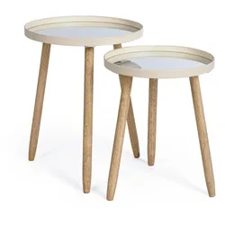 Beistelltisch Edvard 2er-Set Glasplatte, modernes Design, Elfenbein, rund, Kautschukholz