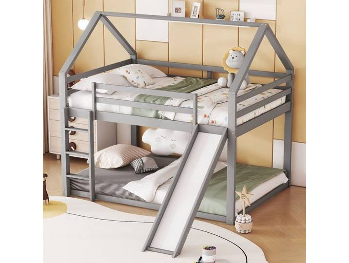Lit double lit bébé maison Lit superposé avec toboggan et échelle chambre D'enfants haute-lit double superposé gris 140x200cm