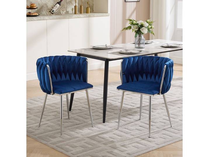 Chaise de Salle à Manger Lot de 2 avec Accoudoirs Dossier Tressé Structure Métallique Tissu Bleu Marine - UVRION