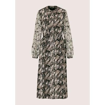Midikleid MADELEINE "Kleid Kleid mit Schlangen-Druck", Damen, Gr. 44, wollweiß, cappuccino, multicolor, Modern, A-Linie, Rundhals, Kleider Midikleid