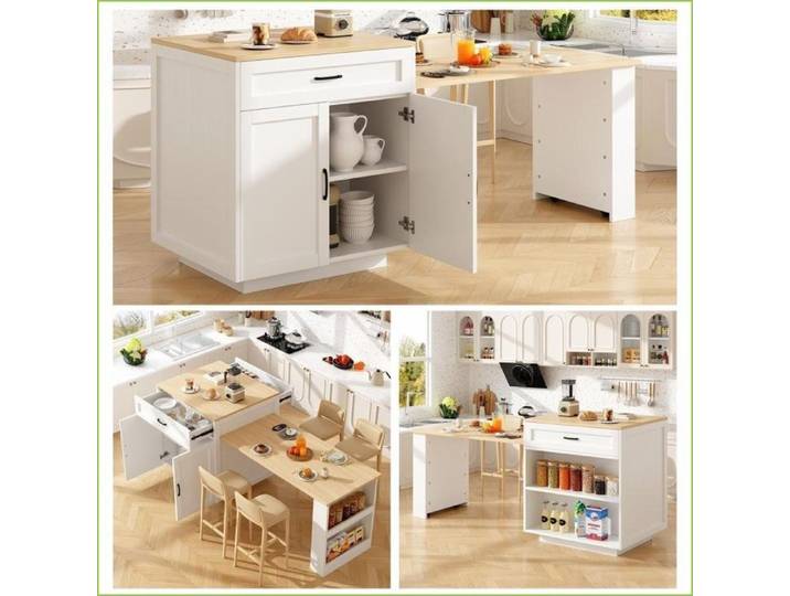 Kitchen Islands & Carts - Îlot de cuisine extensible avec rangement 2 tiroirs et étagères latérales - Blanc