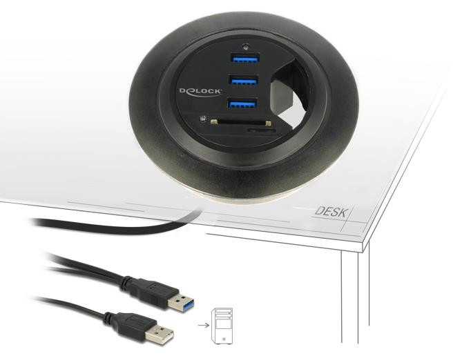 Delock Bureau-hub met 3 USB 3.0-poorten en 2 SD-kaartlezer slots