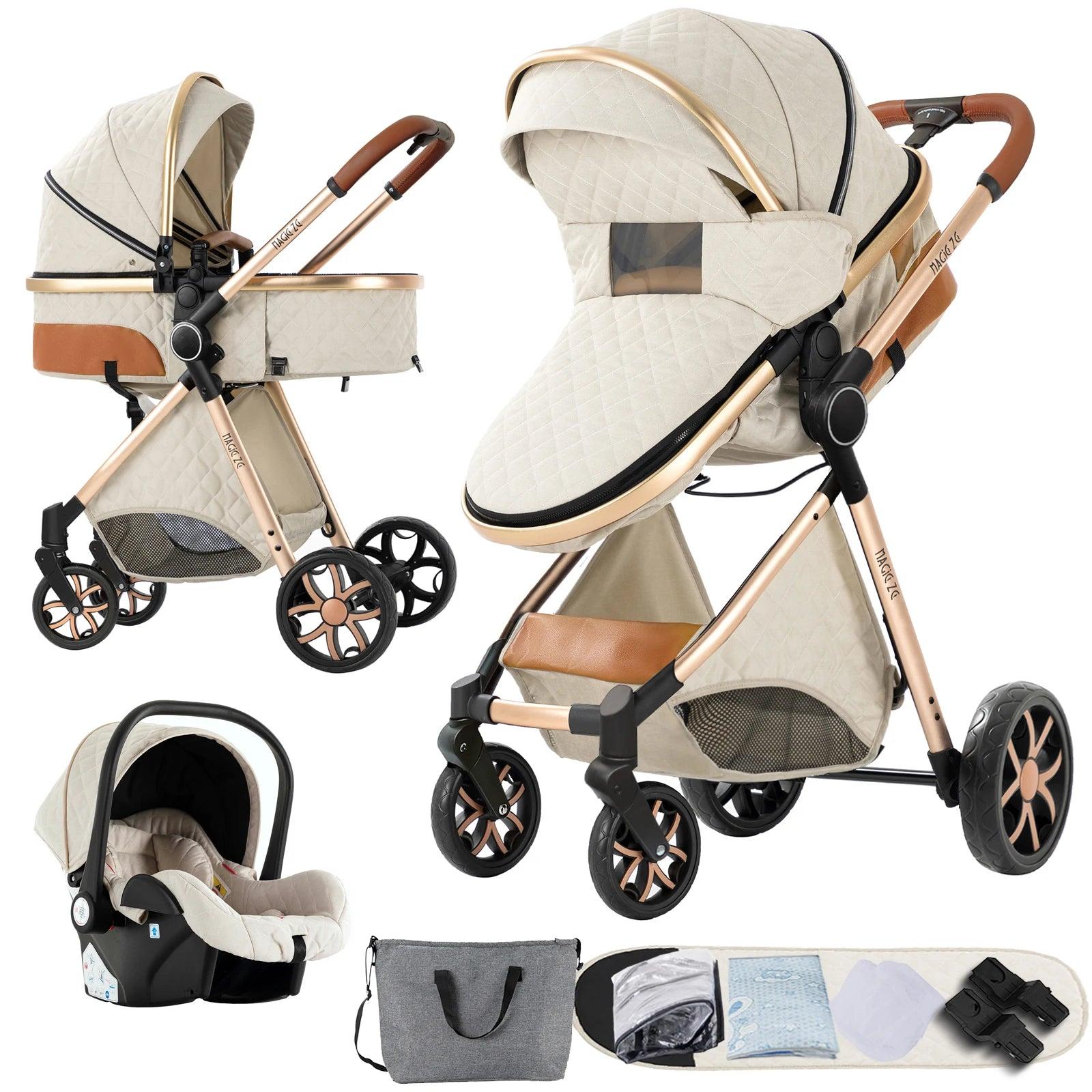 3-in-1 Kinderwagen - Babywagen - Sportwagen - Autositz - Buggy - Elfenbeinfarben - Leichter Baumwollstoff