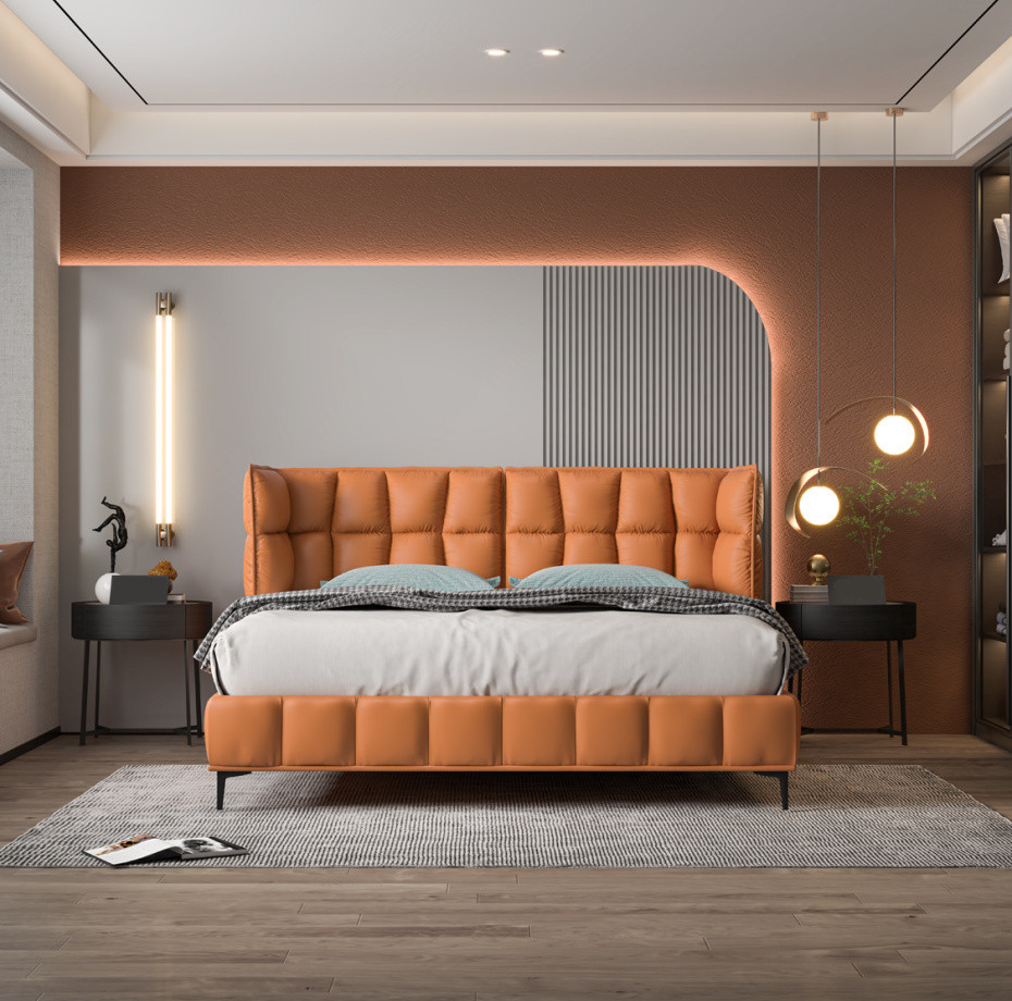 Oranges houten tweepersoonsbed voor de slaapkamer