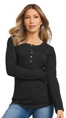 Masseys Ribbed Henley Casual in Black, Size Medium, Cotton/Elastine