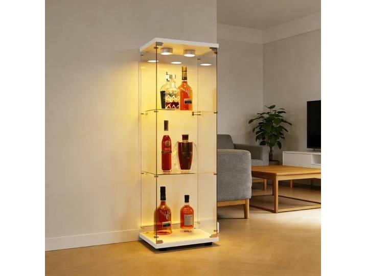 Vitrine en verre - COMANLAI - Armoire vitrine salon - 3 Étagères - LED intégré - 42x36x125cm - Blanc
