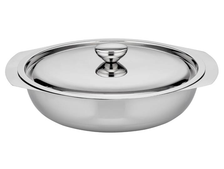 Servierschale GSW flache Beilagen- und Servierschale mit Deckel , silberfarben, H:5cm Ø:21cm, Edelstahl, Schüsseln, Servierschale, Beilagen- und Servierschale aus Edelstahl 18/8 – vielseitig einsetzbar
