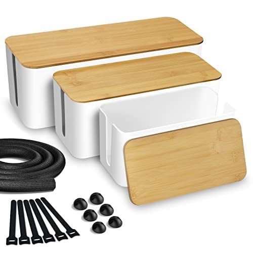 Lannvan Set van 3 Kabelboxen met Bamboedeksel - Wit/Hout
