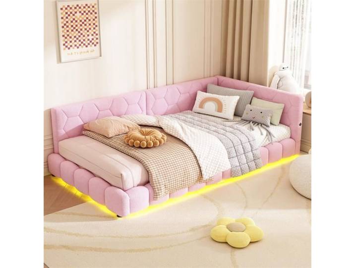 Canapé-lit - DREAMMESPACE - 90x200 cm - LED avec port USB - Tissu peluche - Rose