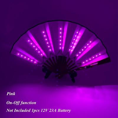 Inspired Finds LED Neon Folding Rave Fan Luminous Party Hand Fan For Festivals & Events 10in On Magenta Glow Fan